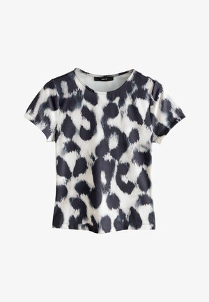 T-shirt a maniche corte con motivo astratto di stampa animali in bianco e nero, scollatura rotonda e etichetta del marchio "NEXT" all'interno del colletto.