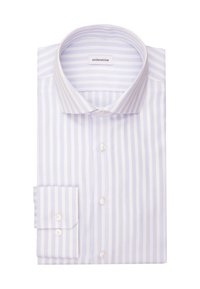  Lichtblauw en wit verticaal gestreept opgevouwen hemdbroek met spread collar en knoopmanchetten, gelabeld "seidensticker."