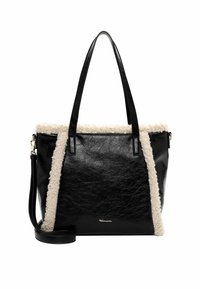 Black faux leather tote bag featuring cream shearling trim, dual sturdy handles, a detachable shoulder strap, and subtle gold logo accent.