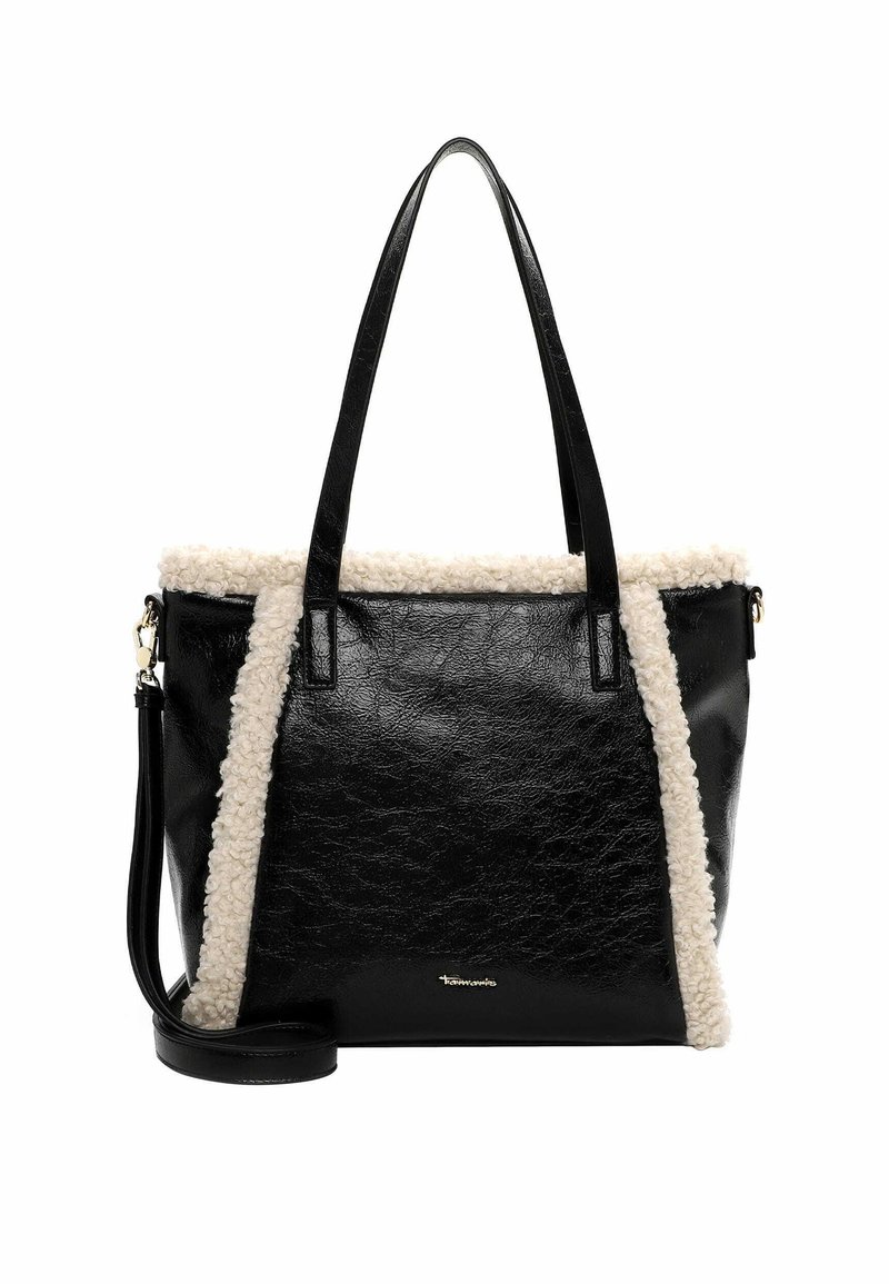 Black faux leather tote bag featuring cream shearling trim, dual sturdy handles, a detachable shoulder strap, and subtle gold logo accent.