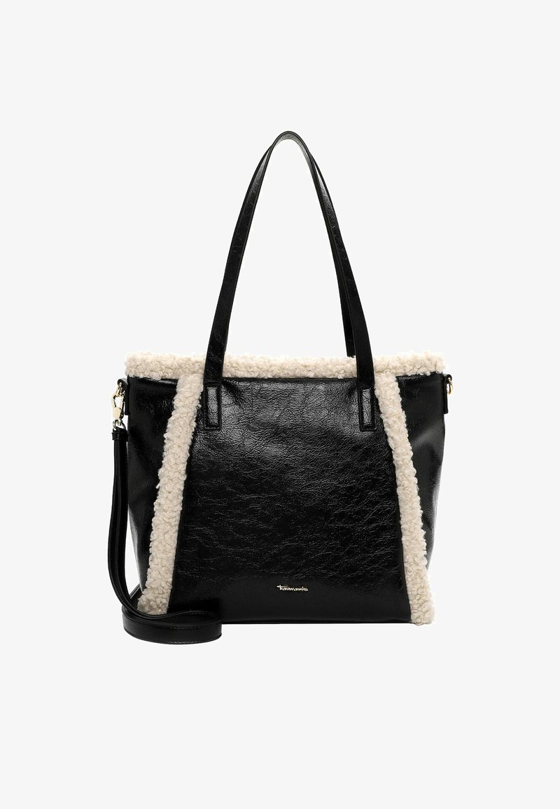 Bolso tote de cuero sintético negro con un ribete de forro polar crema, dos resistentes asas, una correa de hombro desmontable y un sutil acento de logo dorado.