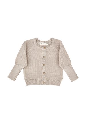 Beige gestrickte Baby-Strickjacke mit langen Ärmeln, gerippten Bündchen und Saum sowie fünf Knöpfen vorne, Größe 56.