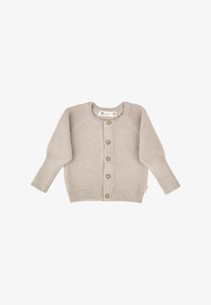 Beige gestrickte Baby-Strickjacke mit langen Ärmeln, gerippten Bündchen und Saum sowie fünf Knöpfen vorne, Größe 56.