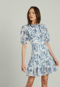 Abito a stampa floreale in blu chiaro e bianco, con maniche a sbuffo, un corpetto aderente e un orlo arricciato. Tessuto trasparente e fiori delicati in tutto l'abito.