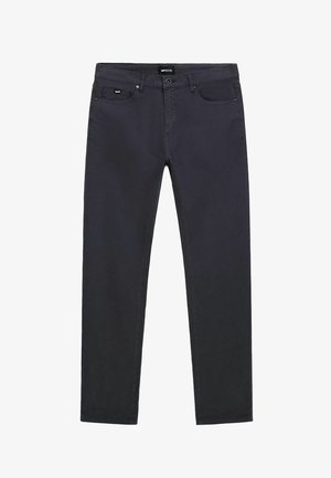 Pantaloni grigio scuro in misto cotone con taglio dritto, dotati di chiusura con zip, quattro tasche e dettagli di cuciture sottili.