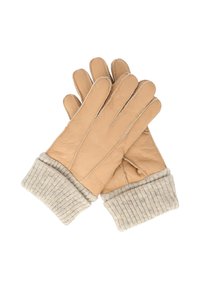 Gants en cuir tan avec un poignet en tricot beige à côtes. Texture lisse avec des détails de couture le long des doigts et de la paume.