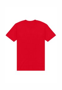 Red cotton T-shirt, short sleeves, crew neck, solid color, smooth texture, no patterns or graphics, plain back view.