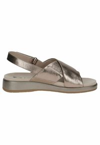 Metallilised pronksised sandaalid ristipadjakese disainiga, reguleeritava slingbackiga, lame tallaga ja tekstuurse jalatsiga mugavuse tagamiseks.