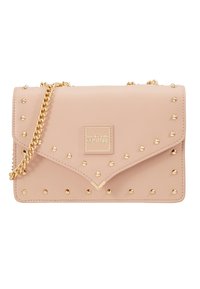 Světlé růžové syntetické kabelky se zlatými hroty, řetízkem a designem trojúhelníkové klopy. Na přední straně se nachází logo.