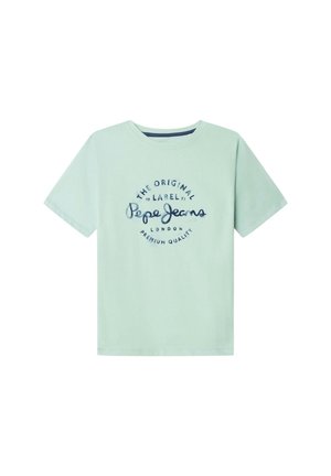 T-shirt in cotone verde chiaro con maniche corte, con testo e logo stampati in blu navy: "Pepe Jeans, The Original Label, London."