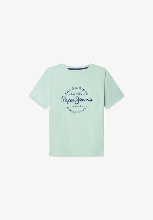 Hellgrünes Baumwoll-T-Shirt mit kurzen Ärmeln, versehen mit dunkelblauem Drucktext und Logo: "Pepe Jeans, The Original Label, London."