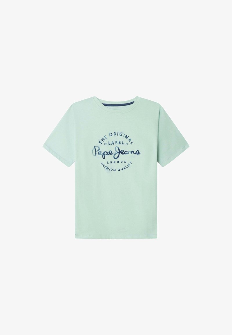 Svetlo zelena bombažna majica s kratkimi rokavi, z odtisnjenim tekstom in logotipom v mornarsko modri barvi: "Pepe Jeans, The Original Label, London."