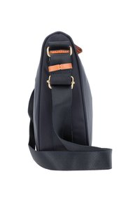 Borsa a spalla blu navy realizzata in tessuto resistente, con una texture liscia, dettagli in pelle e una tracolla regolabile con hardware dorato.