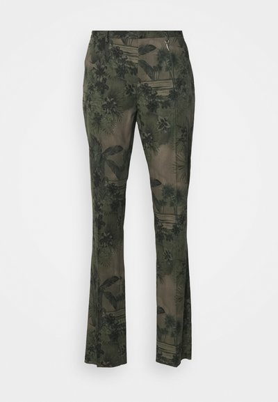 Trousers in a green and brown floral print, featuring a flared design, lightweight fabric with a textured surface, and a zip closure.