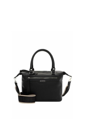 Schwarze Lederhandtasche mit doppelten Griffen, vorderer Reißverschlusstasche und abnehmbarem, breitem schwarzen Tragegurt mit beigen Kanten.