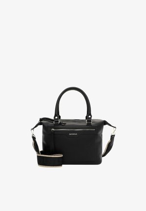 Melna ādas somiņa ar diviem rokturiem, priekšā rāvējslēdzēja kabata un noņemams plats melns siksniņa ar bēšām malām.