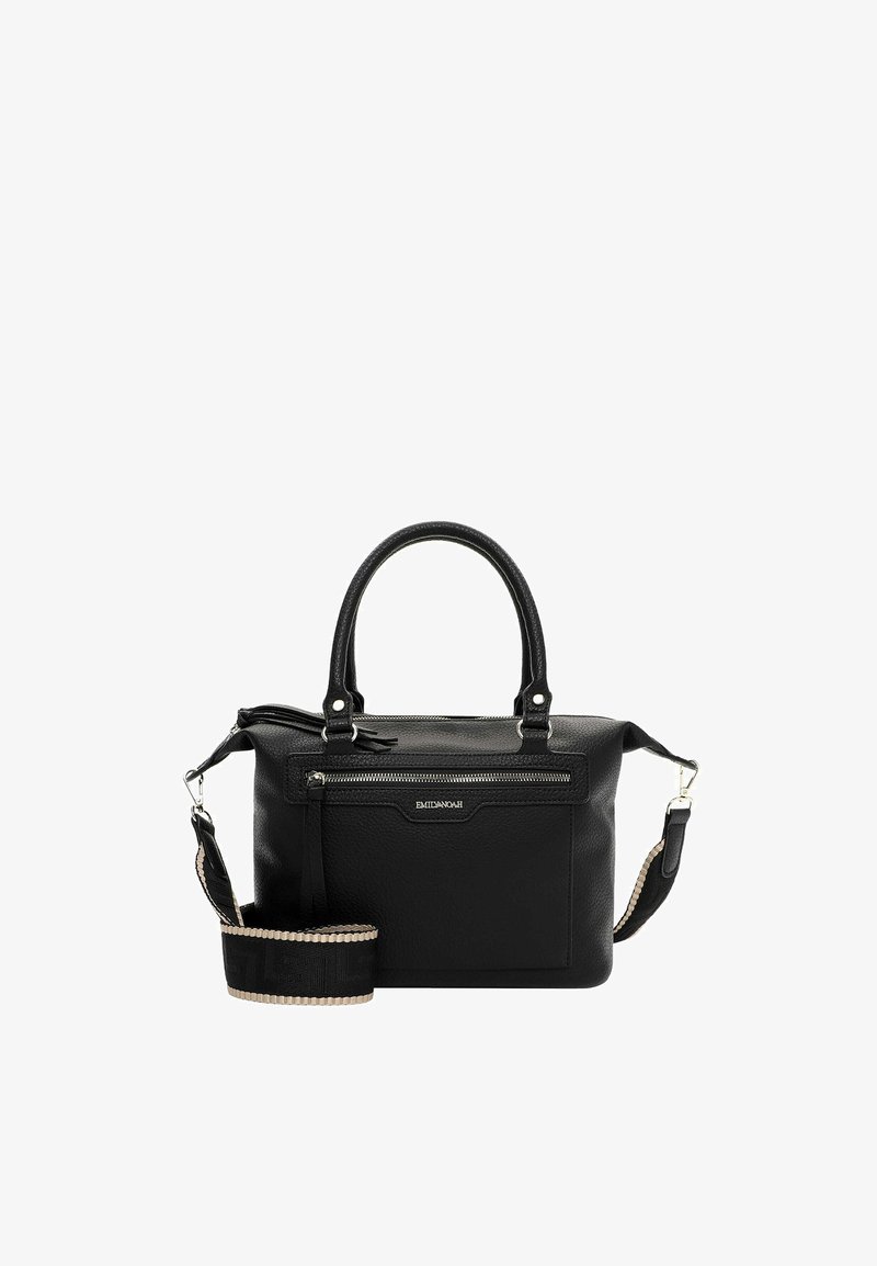 Borsa nera in pelle con doppi manici, tasca frontale con cerniera e tracolla larga nera rimovibile con bordi beige.