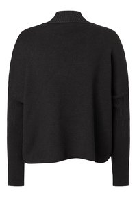 Schwarzer Pullover mit Rippenkragen und -bündchen, der locker sitzt und eine glatte Textur aufweist. Die Rückansicht zeigt ein einfaches, schlankes Design.