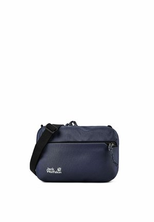Compact navy blue crossbody bag with black adjustable strap, front zipper pocket, and white Jack Wolfskin logo on lower left corner.