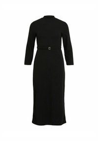 Black, long-sleeve dress featuring a high neckline, belted waist with a square buckle, and a straight, floor-length silhouette. Smooth texture.