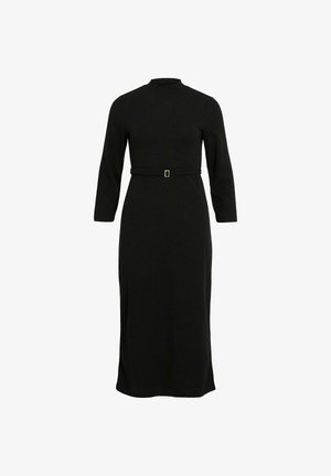 Black, long-sleeve dress featuring a high neckline, belted waist with a square buckle, and a straight, floor-length silhouette. Smooth texture.