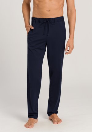 Navy blue, lightweight pants with an elastic waistband and drawstring. Smooth texture, straight cut, suitable for casual wear.