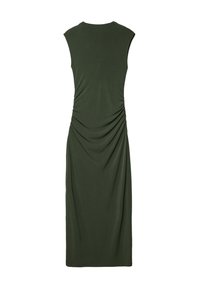 Robe sans manches de couleur vert olive en tissu doux, dotée d'un design froncé le long du dos pour plus de texture et de forme.
