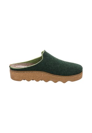Dunkelgrüner Slipper-Clog mit strukturierter brauner Sohle und niedrigem Fersenbereich, für den Freizeitgebrauch entworfen.
