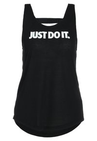 Débardeur noir avec un col en U et un ourlet arrondi. Présente un texte blanc audacieux "JUST DO IT." à l'avant. Fabriqué en matériau doux et léger.