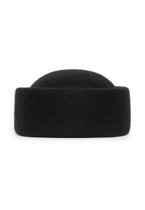 Black round wool hat with a wide folded brim, displayed against a white background.