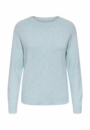 Pull léger bleu avec des manches raglan longues, un col rond et une finition douce et texturée. Détails aux poignets et à l'ourlet en côtes. Sans motifs ni embellissements.