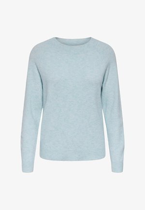 Pull léger bleu avec des manches raglan longues, un col rond et une finition douce et texturée. Détails aux poignets et à l'ourlet en côtes. Sans motifs ni embellissements.