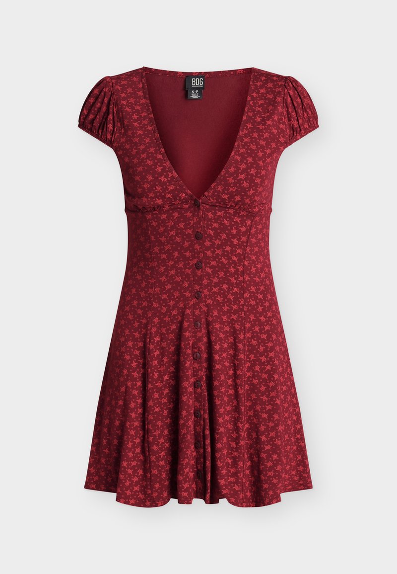 Rode jurk met korte mouwen en een kleine bloemenprint, diepe V-hals, knoopsluiting aan de voorkant en een rok met uitlopende taille.