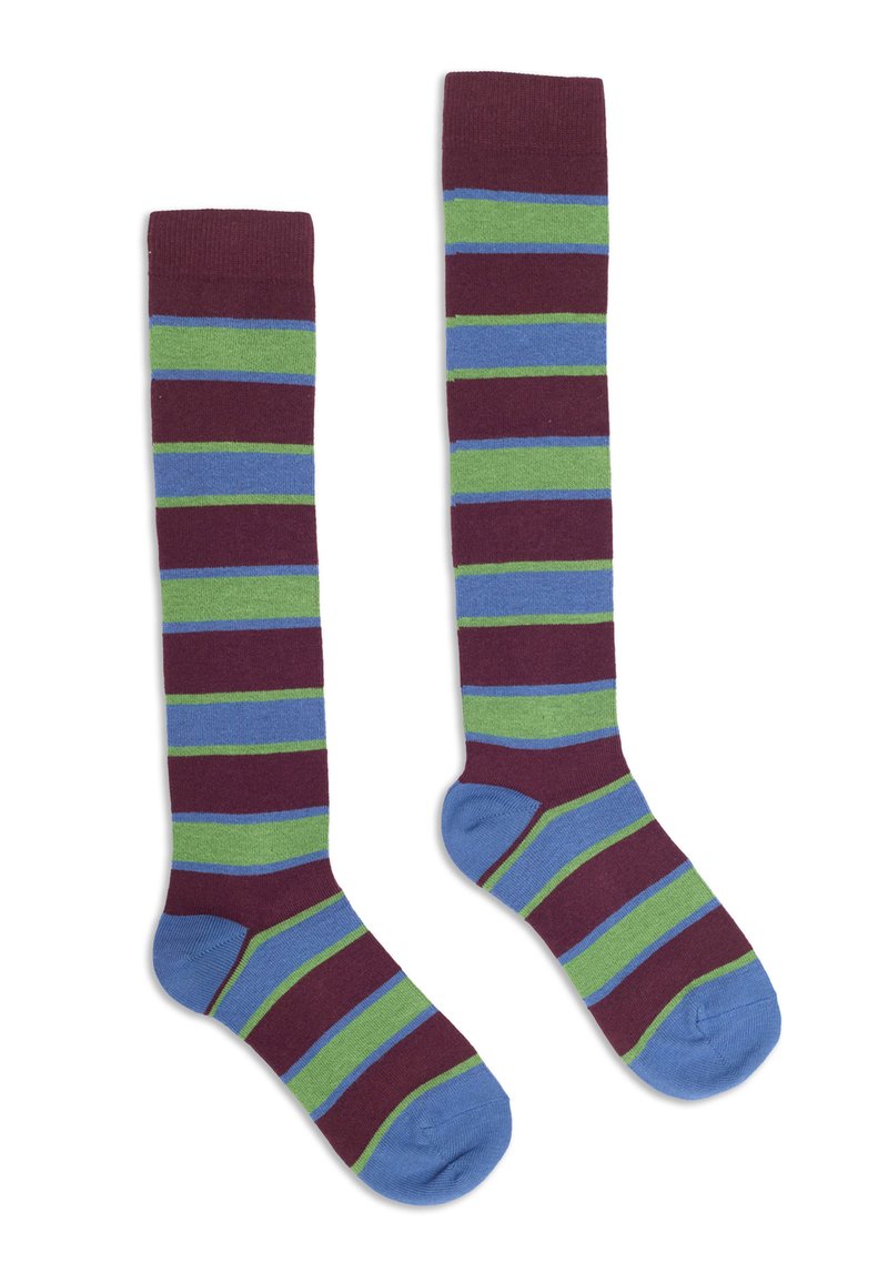 Calze al ginocchio con strisce orizzontali in bordeaux, verde, azzurro e blu navy, realizzate in un morbido misto di tessuti.