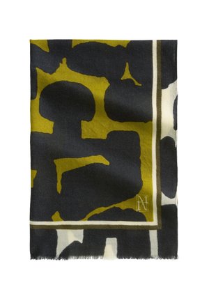 Rechteckiger Schal mit abstraktem Muster in Schwarz, Olivgrün und Weiß, mit einem dünnen weißen und olivgrünen Rand und einem kleinen Logo in einer Ecke.