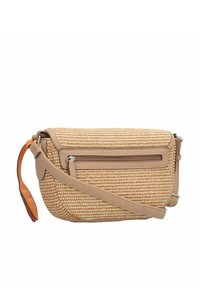 Sac à main tissé beige avec un design texturé, des accents en cuir, une poche latérale et une bandoulière réglable. Fermeture éclair en haut et sur la poche.