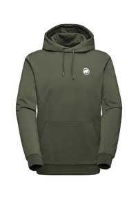 Felpa verde oliva realizzata in un materiale morbido, con tasca frontale, cappuccio con cordoncino e un piccolo logo bianco sul petto.