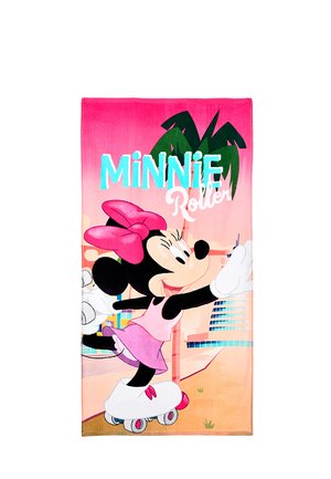 Minnie Maus fährt draußen fröhlich Rollschuh, trägt ein pinkes Kleid und eine Schleife, im Hintergrund sind Palmen und Gebäude.