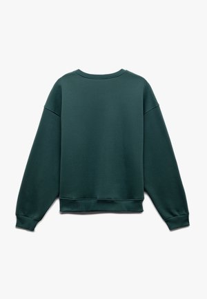 Donkergroene sweatshirt met een relaxte pasvorm, geribbelde manchetten en zoom, met een ronde hals en een zachte, gestructureerde stof. Geen zichtbare details aan de voorkant.