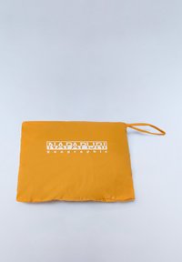 Yellow padded product with a smooth texture, featuring a white logo reading "NAPAPIJRI geographic" and a loop for easy carrying.