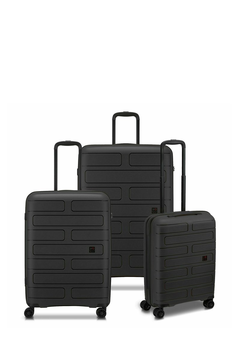 Black hard-shell luggage set with three sizes. Smooth, textured surface featuring horizontal bars, telescopic handles, and four wheels.