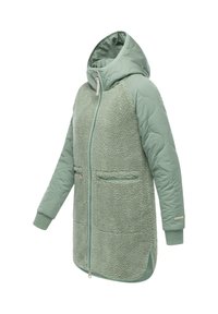 Grön ytterjacka med en plyschig, fluffig textur fram och släta, vadderade ärmar. Har huva, dragkedjedetaljer och fickor.