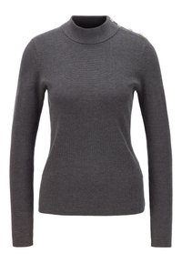 Pull gris ajusté avec un col montant, des manches longues, une texture côtelée et quatre boutons décoratifs sur l'épaule gauche.