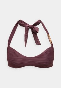 Bikini-Oberteil in tiefem Pflaumenton mit einem strukturierten, gerippten Design. Verfügt über Halterneck-Träger und Akzente aus goldfarbenem Metall an den Seiten.