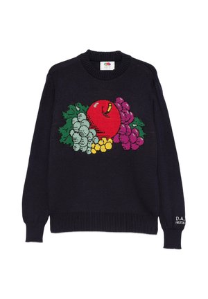 Maglione nero a maniche lunghe con motivo colorato di frutta che comprende mela rossa, uva verde, viola e gialla sulla parte anteriore, polsini e orlo a coste.