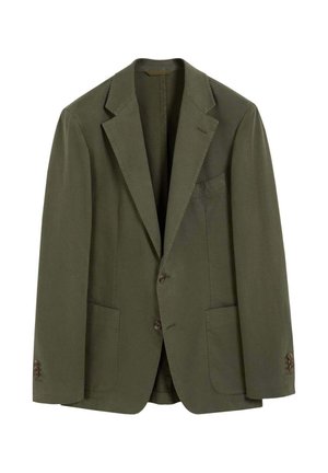 Blazer verde oliva para hombre con solapas de muesca, dos botones delanteros, puños con tres botones y bolsillos de parche en el frente y en el pecho.