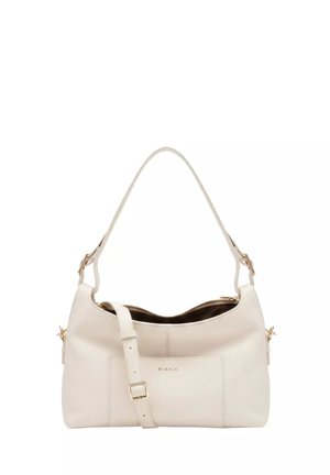 Sac bandoulière en cuir crème avec sangle réglable, fermeture éclair et logo de marque discret sur la poche avant.
