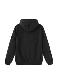 Czarna bluza z kapturem wykonana z miękkiego materiału, z regulowanym kapturem, prążkowanymi mankietami i dołem. Posiada bezszwowy design pleców i luźny krój.