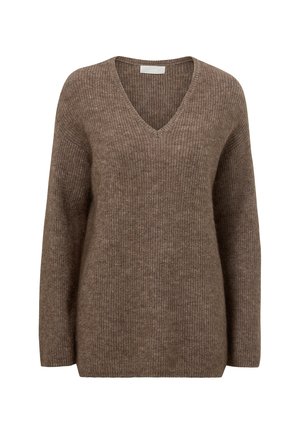 Brun v-hals sweater med ribstrik, lange ærmer og en afslappet pasform. Fremstillet af et blødt, mellemvægtigt materiale. Ingen synlige detaljer.
