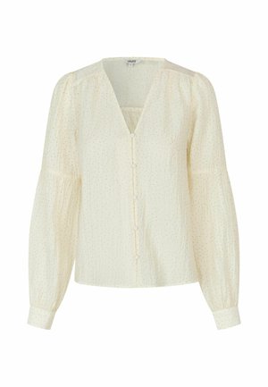 Krēmkrāsas blūze ar V-veida izgriezumu, gariem pūkainiem piedurknēm, vertikālām smalkām svītrām un izsmalcinātām zelta punktiņiem. Priekšpusē ir pogu aizdare.